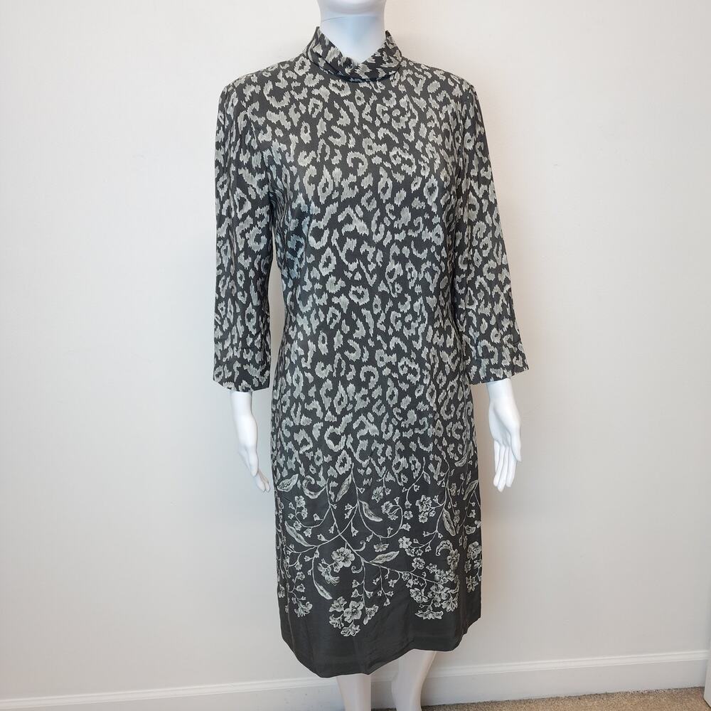 Liz Claiborne Floral Silk Geisha Dress Size 6 Dark Gray High Neck Chic Vintage